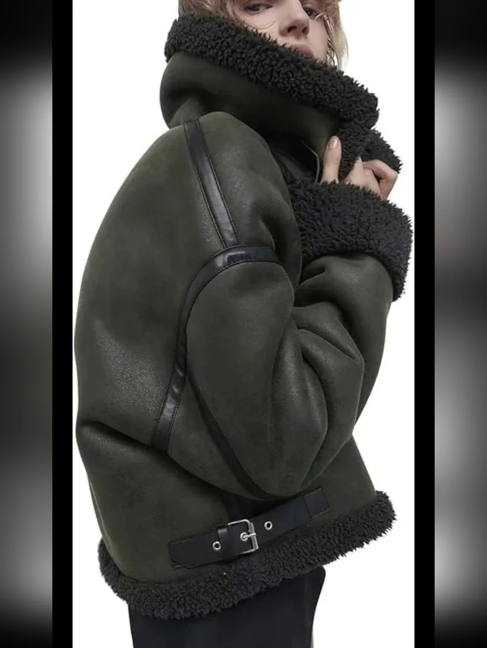 Faux Shearling Bomber Jacket Black Sz M